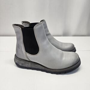 Fly London Salv Chelsea Boots Womens Size 9.5 Gray Leather Pull On Ankle Booties